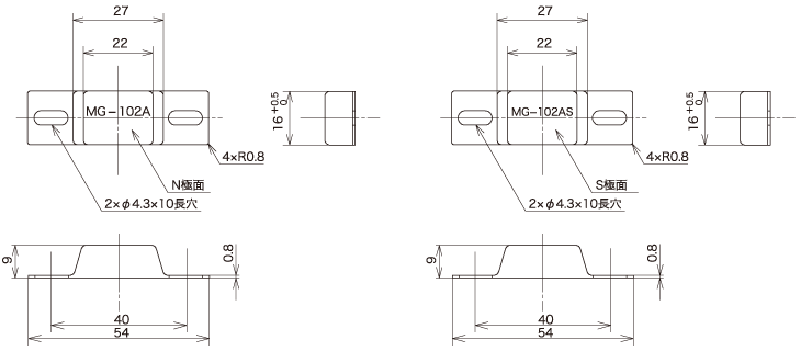 発磁体『MG-102A(N)』『MG-102A(S)』外形図