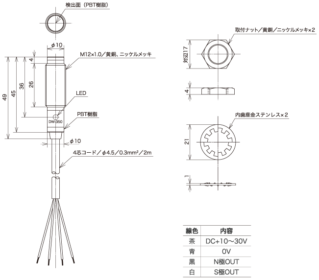 マコメ研究所 DW-351 磁気近接スイッチ 個別出力タイプ 直流4線式 M12 検出磁極：N極またはS極（極性識別） PNPトランジスター 